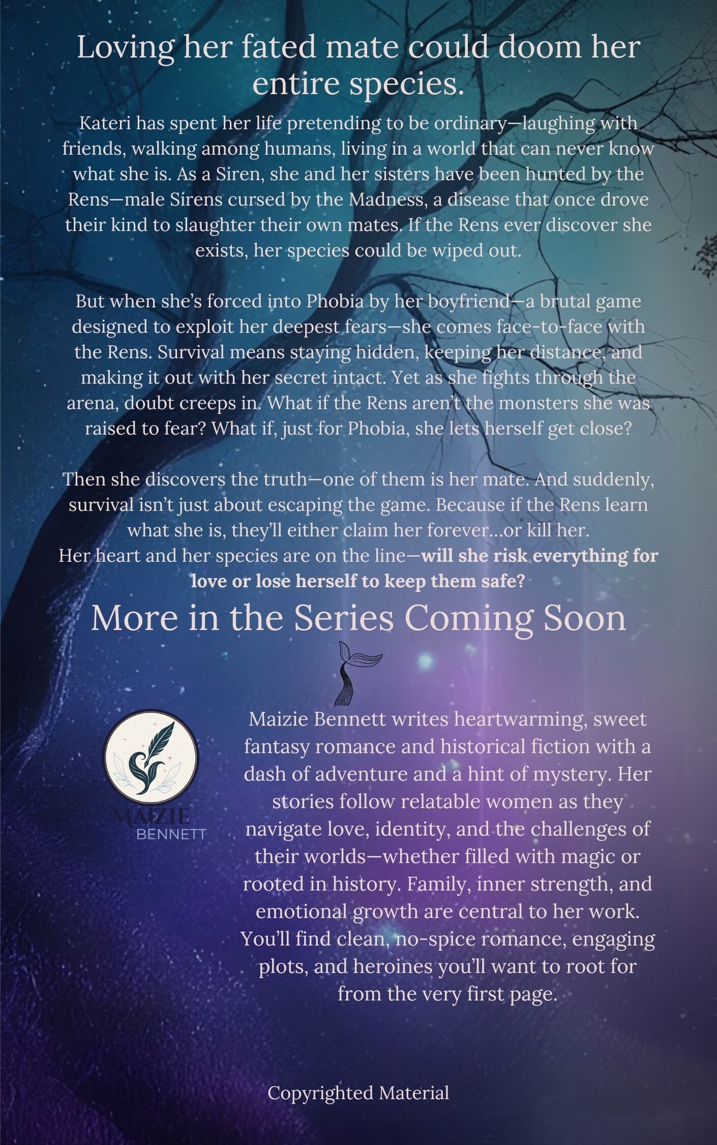 Back of the book for A Fog of Shadows. Book one in the Sirens in the Shadows series. A romantasy or fantasy romance.