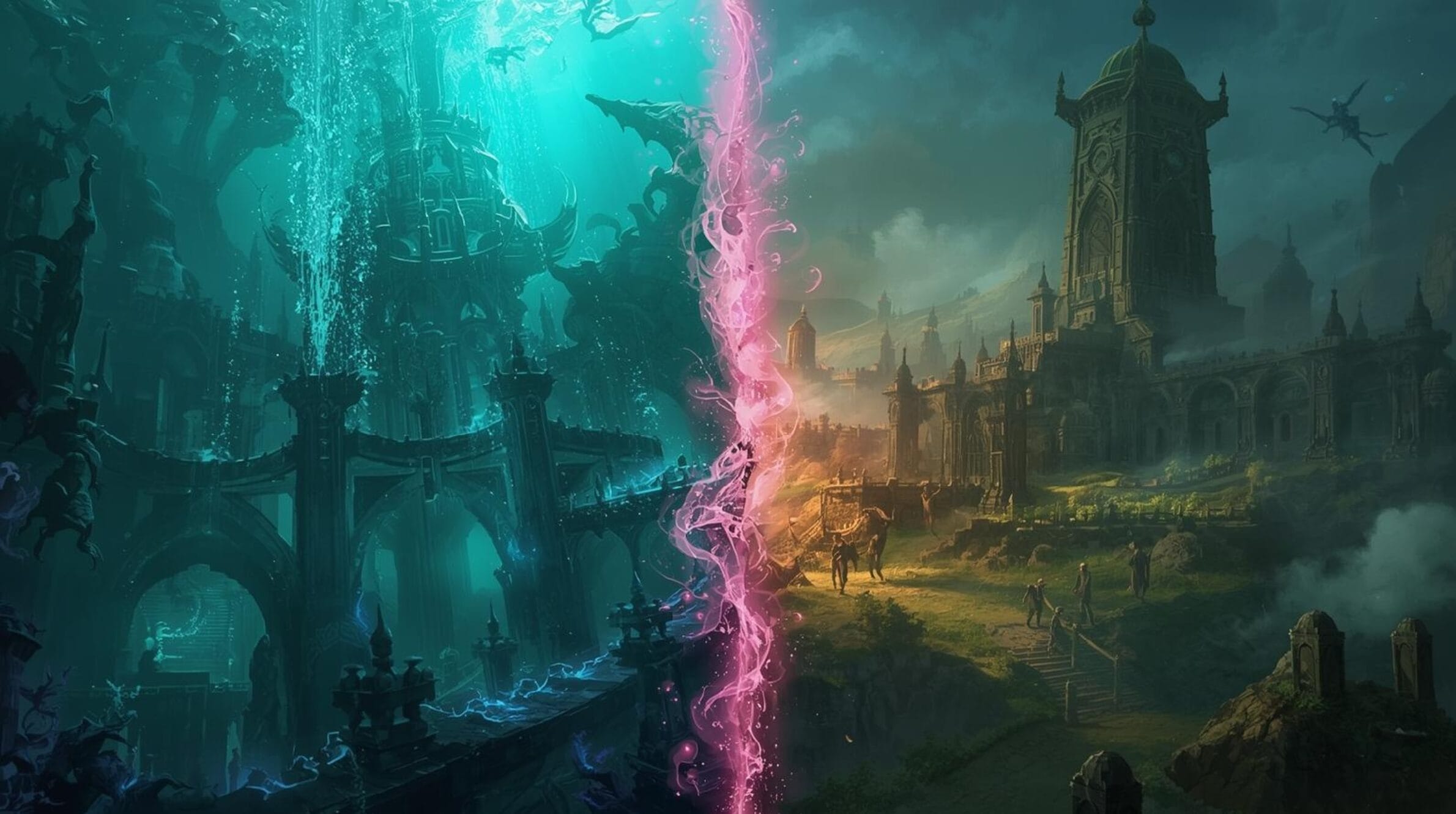 Cultural world-building for fantasy romance showing two contrasting magical societies separated by a barrier