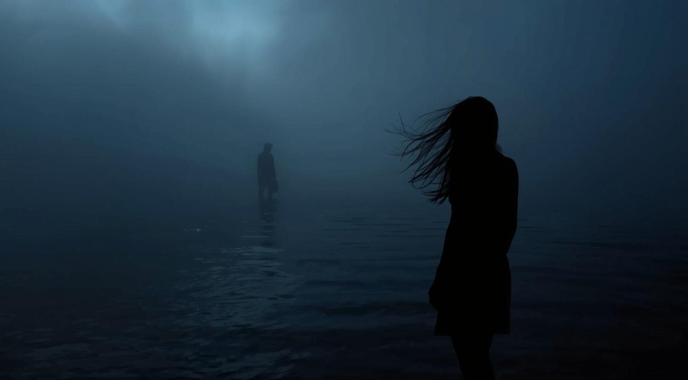 A Fog of Shadows book preview showing mysterious figures separated by misty water